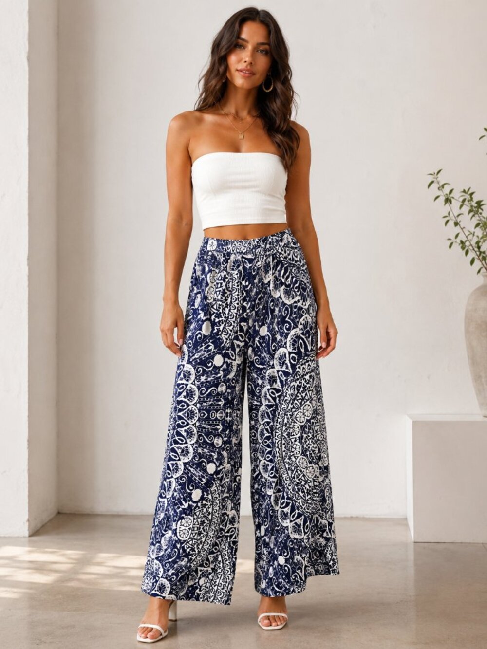 Fraiche by J Women’s Medium Blue White Geometric Wide Leg Palazzo Pants Pull On